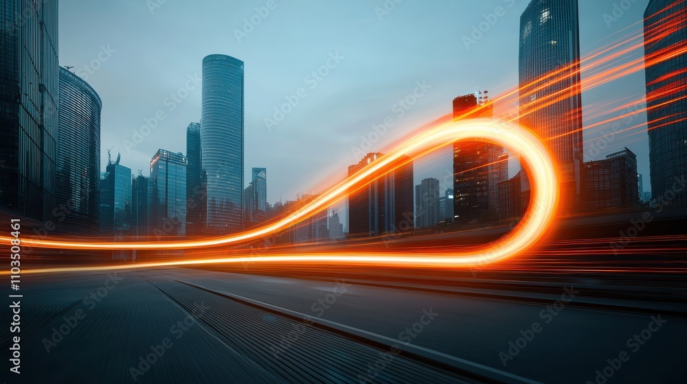 Poster vibrant city skyline with dynamic light trails creating sense of motion and energy. modern architect
