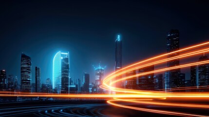Fototapeta premium vibrant city skyline at night, illuminated by glowing lights and dynamic motion. scene captures energy of urban life with bright streaks of light