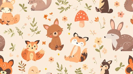 Obraz premium Seamless pattern with cute cartoon animals in a forest with leaves and flowers.