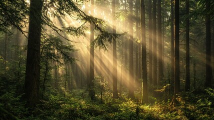 Fototapeta premium Sunbeams Dancing Through Ancient Forest 
