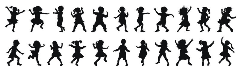 Dancing and playing child silhouettes vector illustration. Diverse group of kids in various joyful and playful poses.