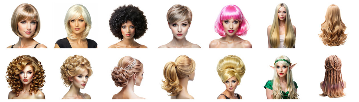 Various wigs isolated on transparent background. Afro, braided, bridal, curly, updo, layered, wavy, pixie, ponytail, beehive, straight bob and cosplay wig in png collection