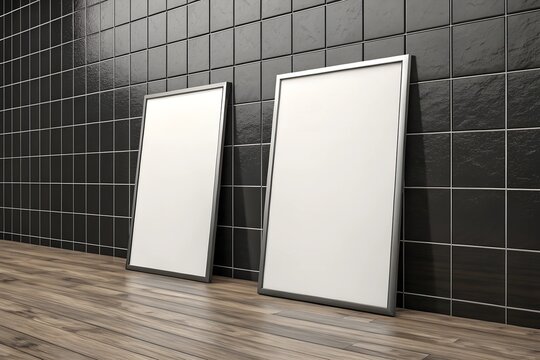 Framed white canvases resting against a black tiled wall in a minimalistic space
