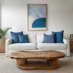 Live Edge Accents: Coastal Living Room with Blue and White Hues