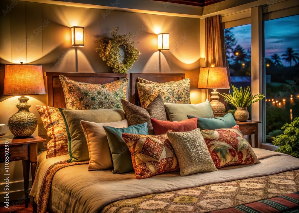 Poster Cozy Night Photography of a Neatly Arranged Bed with Soft, Decorative Pillows in Various Colors and Patterns Creating a Warm and Inviting Atmosphere for Relaxation