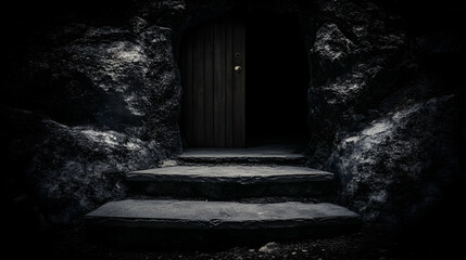 Obraz premium Mysterious Cave Entrance with Steps Leading to Dark Doorway