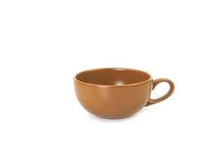 Side view, empty brown mug isolated on white background. Blank brown ceramic cup mockup and template for design, banner. Use for home or restaurant.