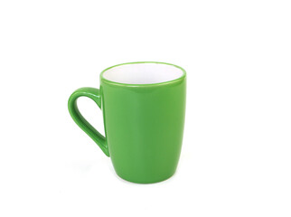 Side view, empty green mug isolated on white background. Blank green ceramic cup mockup and template for design, and banner. Use for home or restaurant.