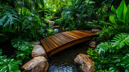 Serene Wooden Bridge Surrounded by Lush Green Tropical Foliage