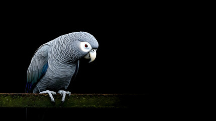 Obraz premium Majestic Gray Parrot Perched on a Branch Against Black Background