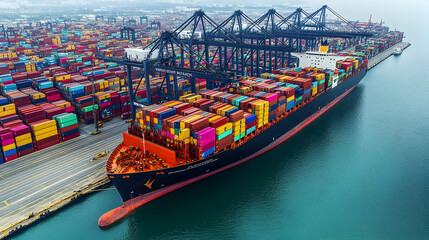 Large Container Ship Loading Cargo at Busy Shipping Terminal