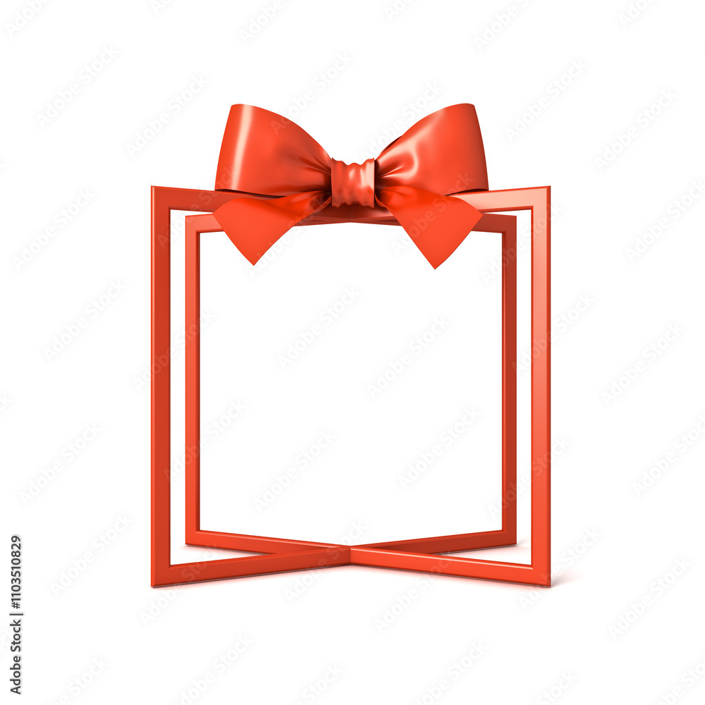 Poster 3d red gift box frame mockup stand or perspective view of red present box frame border display showc