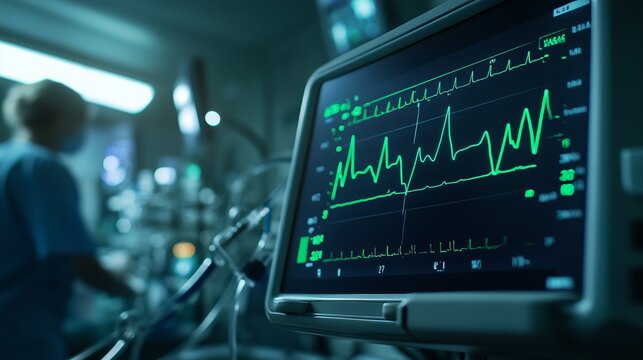 A heart rate monitor displays fluctuating lines in a calm hospital room, highlighting vital care.