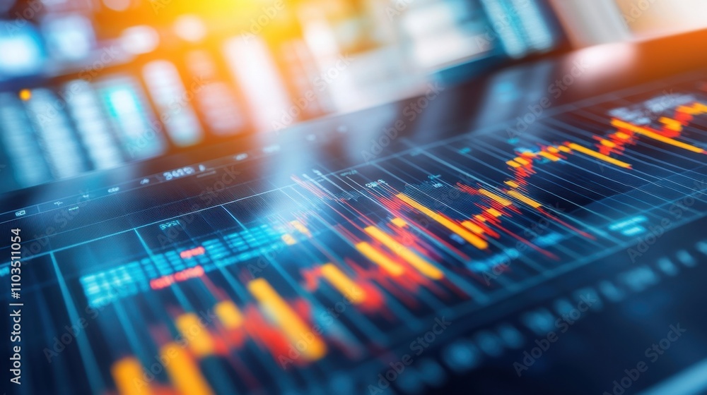 Aufkleber a financial analyst's desk with charts, graphs, and a trading platform displayed on multiple screens