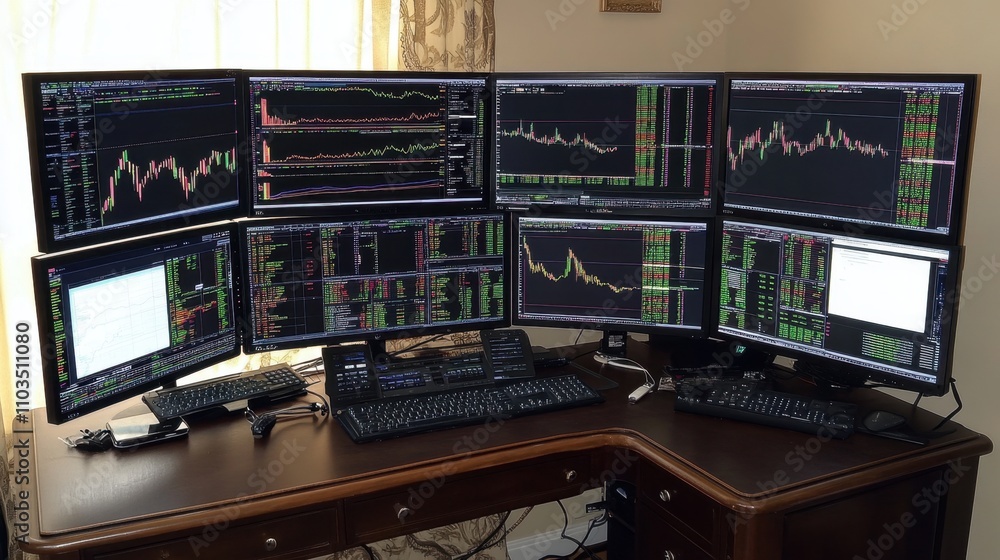 Aufkleber a financial analyst's desk with charts, graphs, and a trading platform displayed on multiple screens