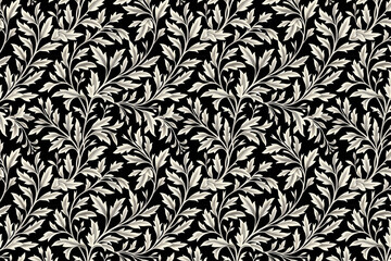 Toile pattern tapestry. Arts and crafts. Monochrome botanical pattern background. Created with Generative AI technology