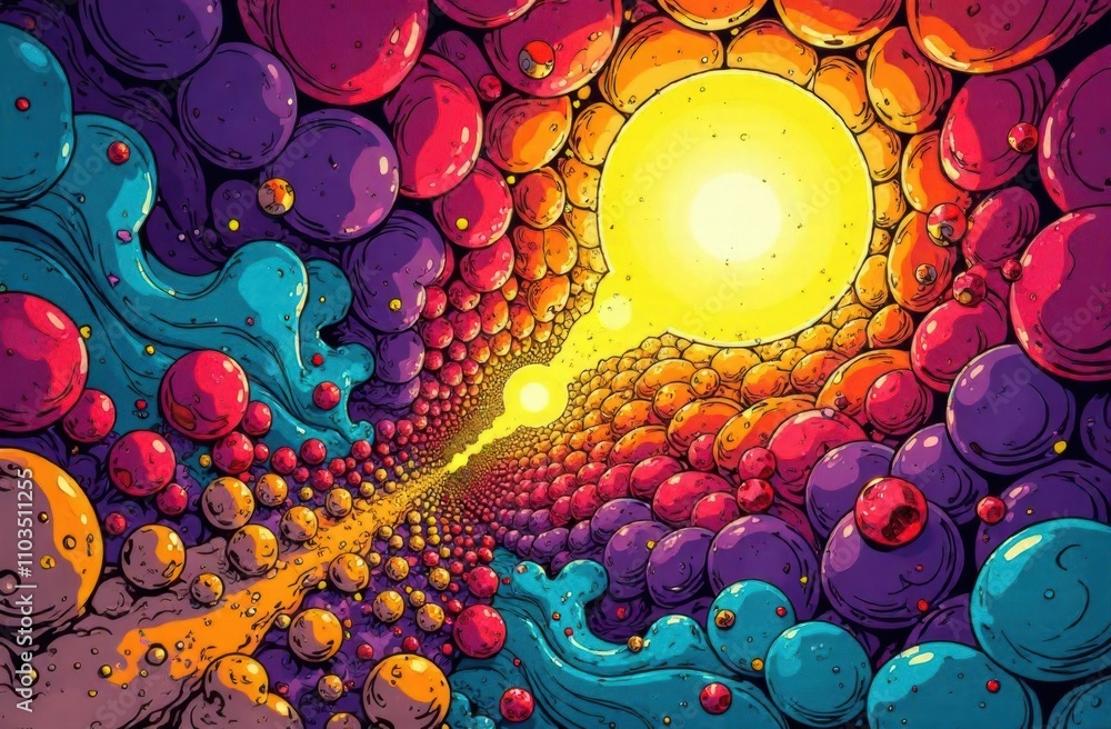 Aufkleber brightly colored spheres create a mesmerizing tunnel effect, leading towards a radiant light source 