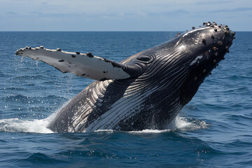Fototapeta premium Humpback whale breaches the surface of calm ocean waters near a distant shoreline during a sunny day