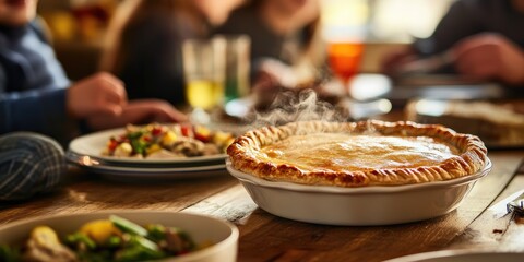 Cozy Dining: A Steaming Chicken Pot Pie on a Family Table