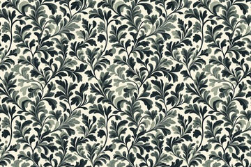 Toile pattern tapestry. Arts and crafts. Monochrome botanical pattern background. Created with Generative AI technology