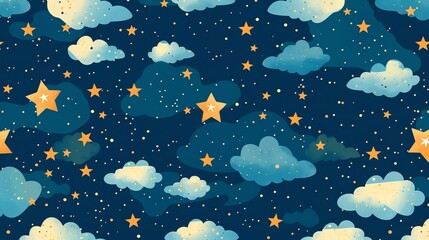 Fototapeta premium A seamless pattern of clouds and stars on a dark blue background.