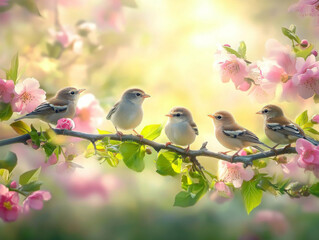 Fototapeta premium illustration of birds in spring on a branch in colors Ai, A group of small, cute birds sitting on a branch in a spring garden with pink flowers, green leaves, and blooming trees