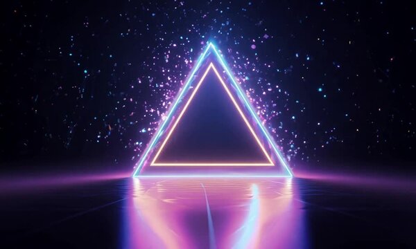 Animate a glowing triangle that splits into three smaller triangles, all spinning independently while maintaining a synchronized glow effect