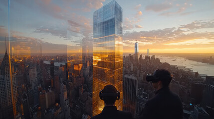 Two people wearing VR headsets overlook cityscape at sunset