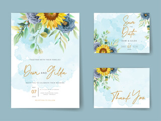 Naklejka premium watercolor wedding invitations blue and yellow flowers