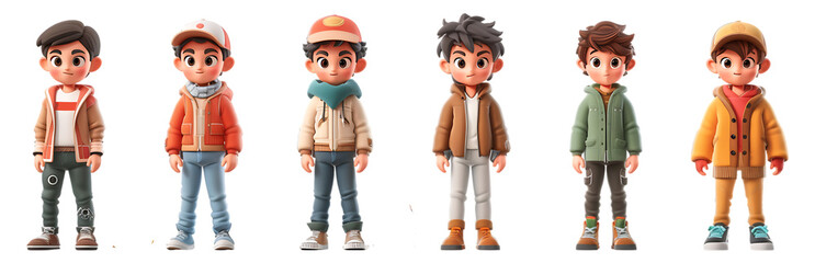 Stylized Male Characters in Casual Winter Outfits, 3D Illustration, Transparent PNG