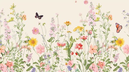 A seamless pattern of wildflowers and butterflies on a cream background.