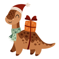 Christmas dinosaur clipart. Cute festive character. Hand draw vector illustration in flat style