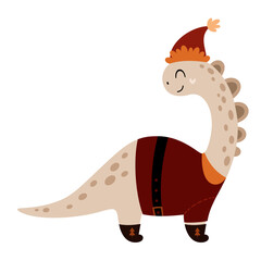Christmas dinosaur clipart. Cute festive character. Hand draw vector illustration in flat style