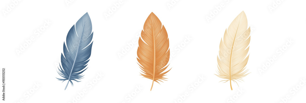Poster feathers in blue, orange, cream colors. three elegant feathers displayed in varying shades. detailed