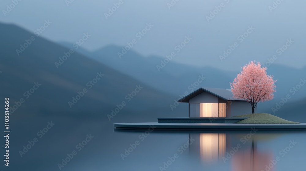 Poster digital illustration of a small house on a small island in the middle of a body of water. the house 