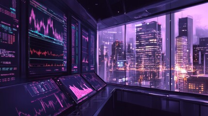 A futuristic trading room with holographic stock market graphs floating in the air.