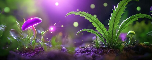 Fototapeta premium A vibrant, mystical scene featuring a purple mushroom and lush green plants, illuminated by ethereal light and surrounded by softly glowing elements.