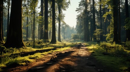 Obraz premium Serene Forest Pathway Illuminated by Morning Light, Surrounded by Majestic Tall Trees and Lush Greenery in a Peaceful Natural Landscape