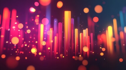 A glowing bar graph symbolizing financial success surrounded by dollar icons.