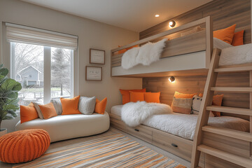 Fototapeta premium chambre à coucher enfants mixte, filles, garçons, lit douillet, intérieur 3D réaliste, décoration colorée, tendance, architecte, design, mode, confortable, coloré, fun