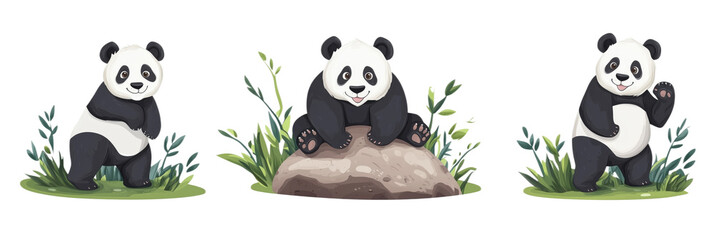 Cute cartoon pandas in natural setting, three playful pandas, one sitting on rock, surrounded by greenery, cheerful expressions, isolated on transparent background, png