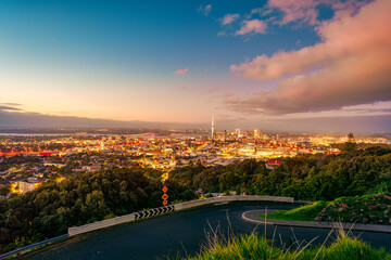 ฺBeautiful illuminated cityscape from Mount Eden with sky tower among the city in Auckland, New...