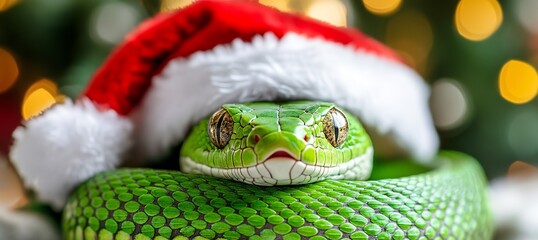 Fototapeta premium Green Snake Wearing Santa Hat for Christmas