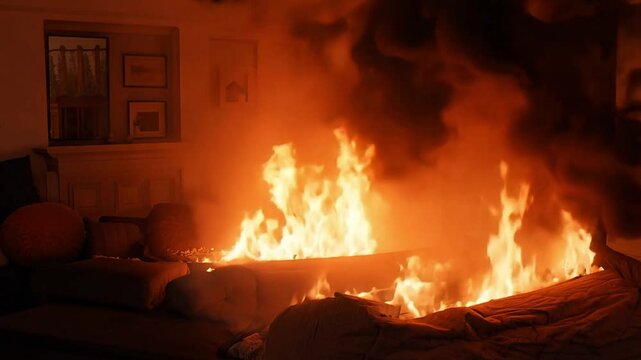 A large apartment fire in a kitchen with numerous high flames and smoke.
