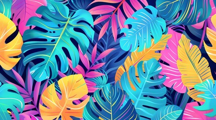 Tropical leaves in blue, yellow, and pink.