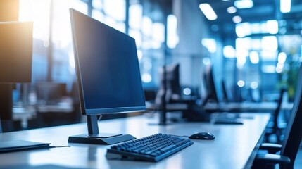 Modern office workspace with computer setup and natural lighting.