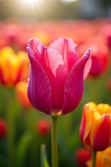 Vibrant pink tulip in sunlit field with dew-kissed petals