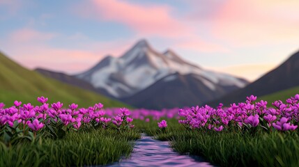 Obraz premium A serene landscape featuring a stream flowing through vibrant pink flowers, set against majestic snow-capped mountains under a pastel sky.