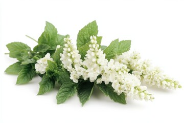 Peppermint Flower Bunch with Leaves isolated on White Background