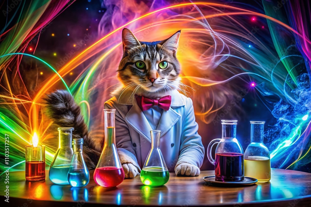 Poster curious cat scientist conducting experiments in a lab filled with colorful chemicals and scientific 